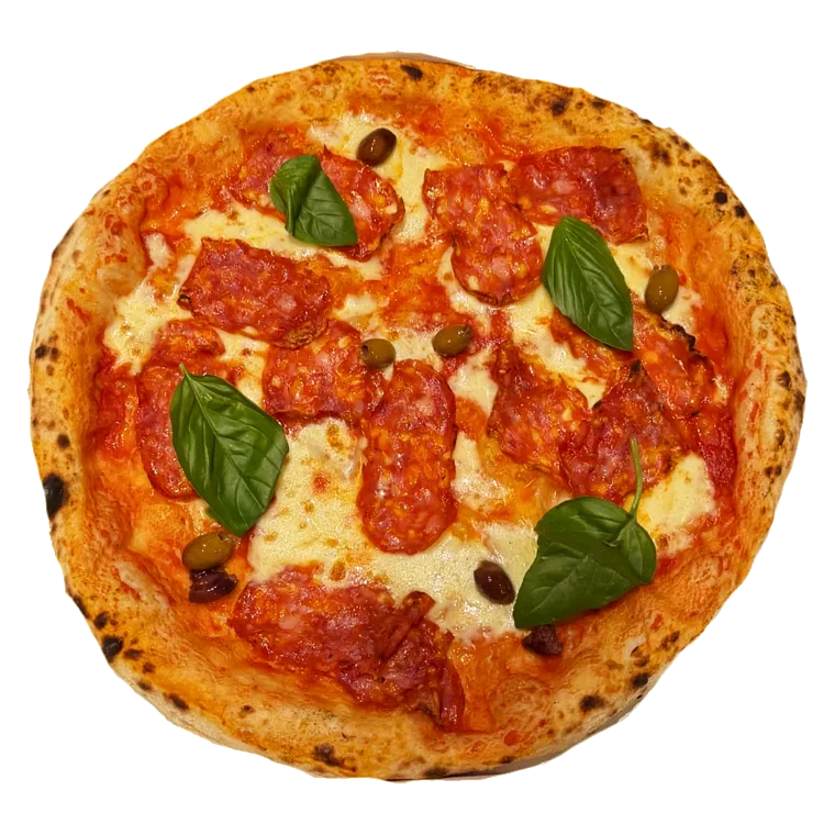 Pizza Diavola — San Marzano, mozzarella fior di latte, spianata piquante, olives taggiasche, basilic