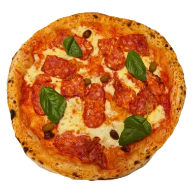 Pizza Diavola — San Marzano, mozzarella fior di latte, spianata piquante, olives taggiasche, basilic