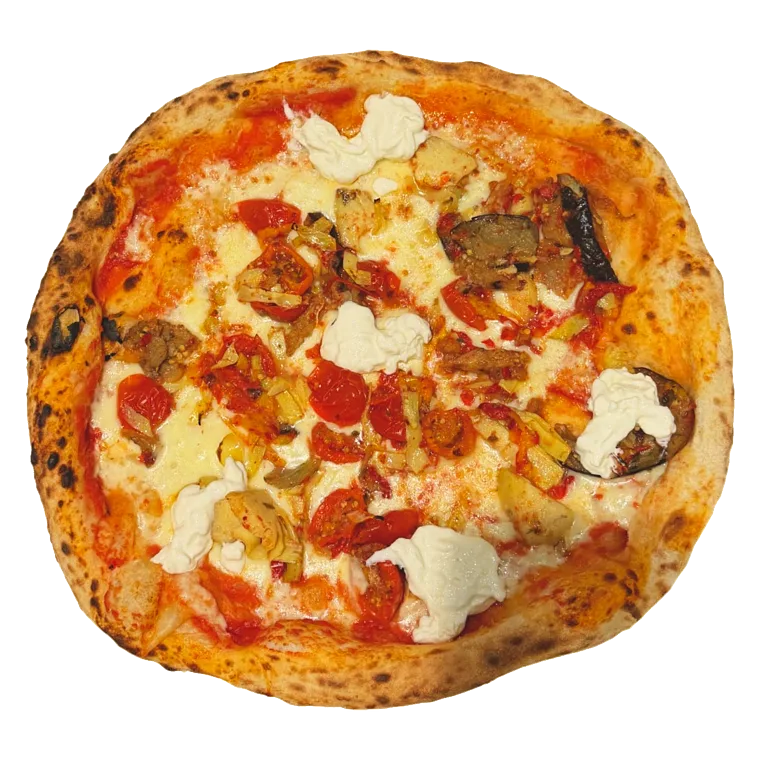 Pizza Quattro Stagioni — San Marzano, mozzarella fior di latte, aubergines, poivrons, artichauts, tomates séchées, stracciatella