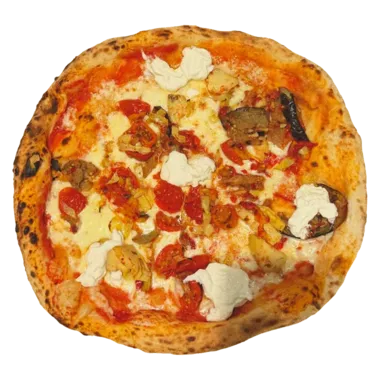 Pizza Quattro Stagioni — San Marzano, mozzarella fior di latte, aubergines, poivrons, artichauts, tomates séchées, stracciatella