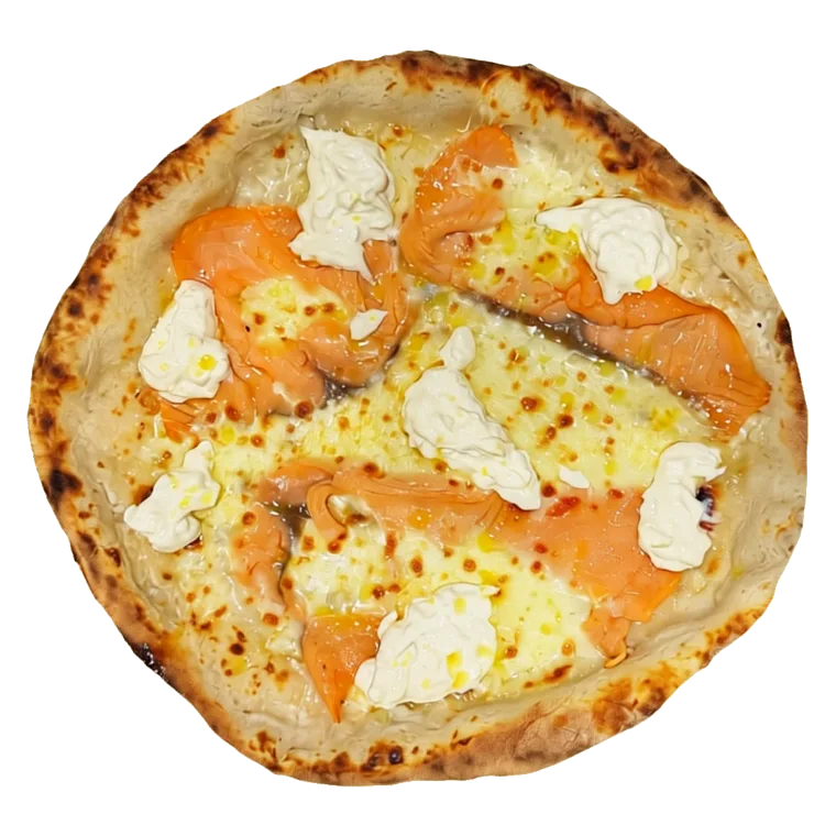Pizza Salmone — mozzarella fior di latte, saumon fumé, stracciatella, huile d'olive citronnée