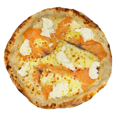 Pizza Salmone — mozzarella fior di latte, saumon fumé, stracciatella, huile d'olive citronnée